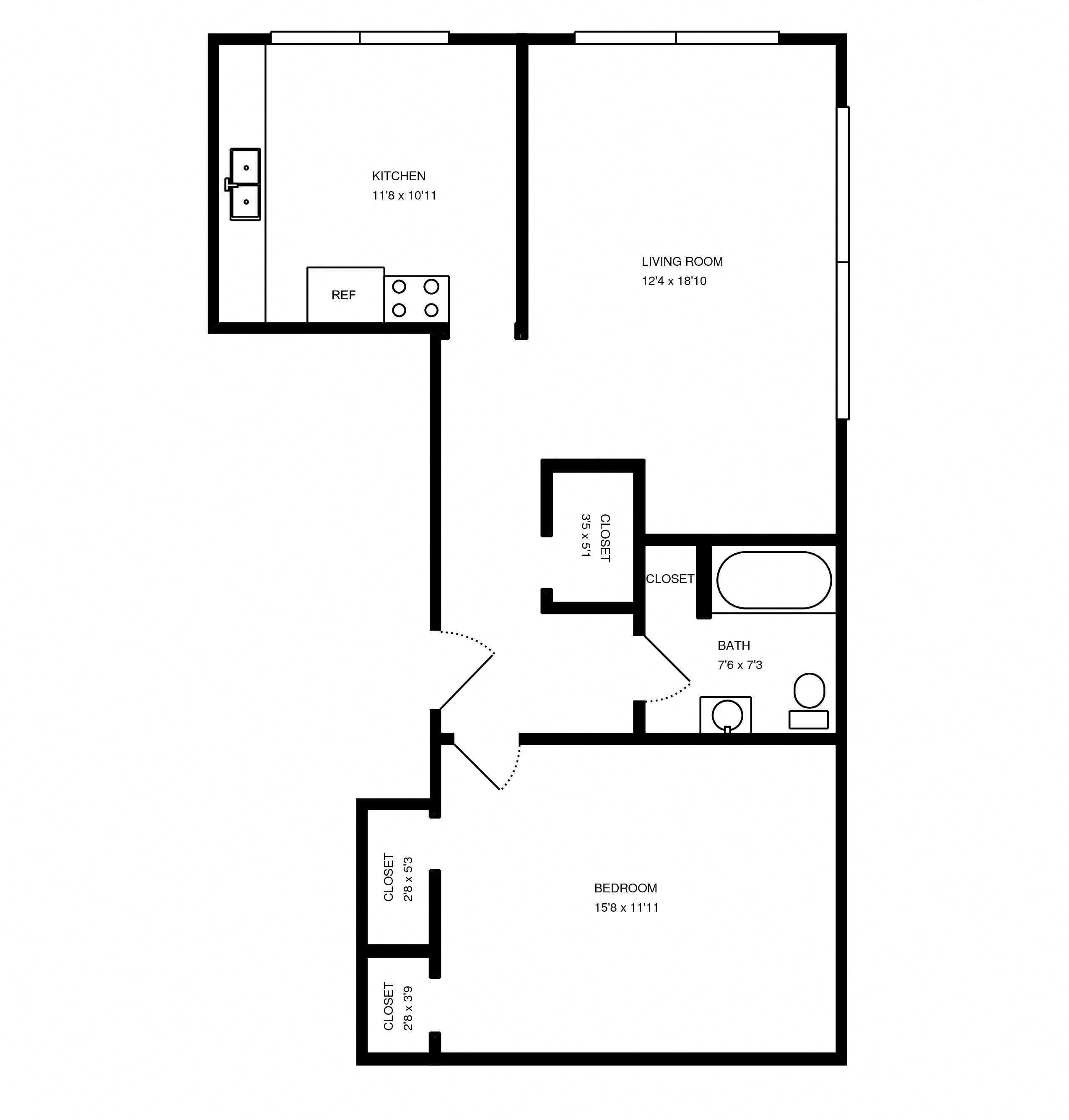 Floor plan for 1 bed, 1 bath, 701 sqft